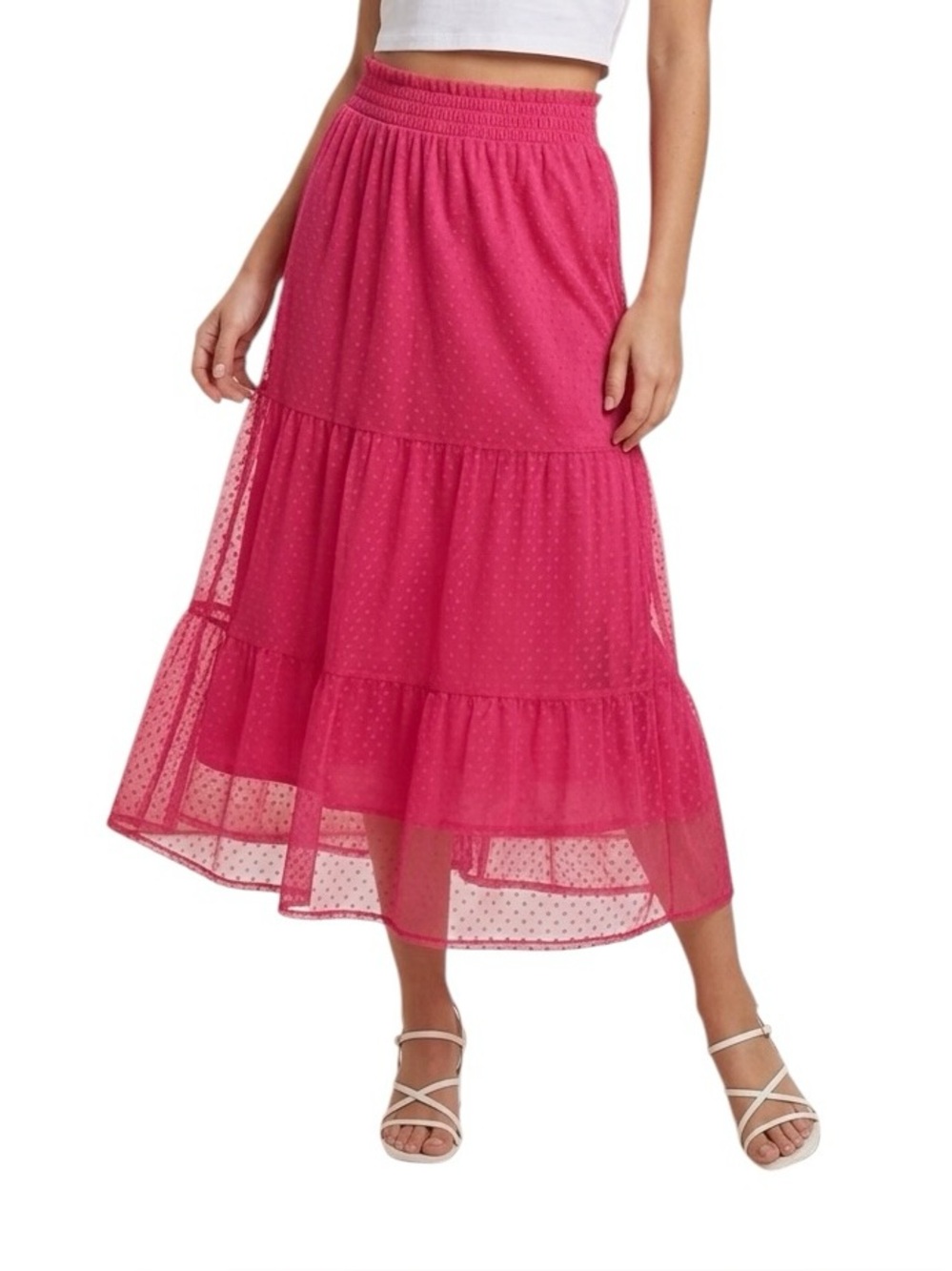 Lauren Conrad Women’s XS Barbie Midi Tiered Hot Pink Classic Dotted Tulle Skirt